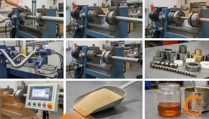 تصویر چندبخشی شامل مجموعه کامل ابزارها و تجهیزات حرفه‌ای خمکاری لوله: دستگاه خم دستی هیدرولیک، دستگاه خم برقی، دستگاه CNC تمام اتوماتیک، انواع قالب و مندرل (Mandrel) و مواد پرکننده مخصوص در کارگاه امید لیزر.